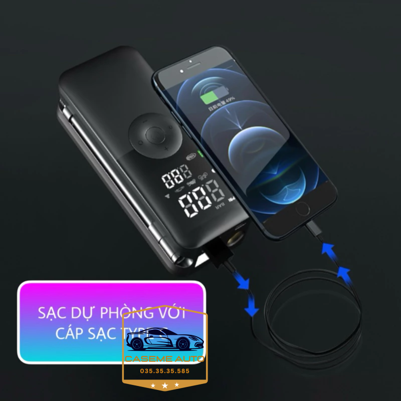Bom Lop O To Xe May Mini Khong Day Carsun C3106 Pin 4000mah Ap Suat 150psi Co Den Led Sac Du Phong (7)